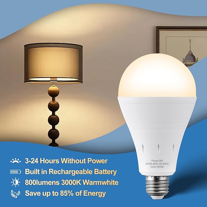 9 Pack Rechargeable Emergency Lights Blubs,Battery Powered Light Bulb 9W 1200mAh 60W Equivalent Battery Backup Light Bulb with Portable Hook for Home Power Failure