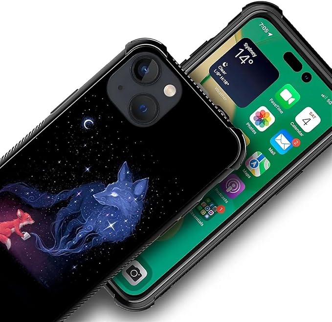 for iPhone 14 Plus Case, Galaxy Fox Wolf Pattern Graphic Design Girl Boy Soft Silicone Hard Acrylic Shock Protection for iPhone 14 Plus