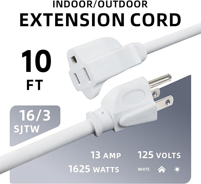 EP 2 Pack 10 Ft Outdoor Extension Cord - 16/3 SJTW White Electrical Cable with 3 Prong Grounded Plug