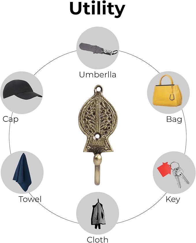 FAPBADRI Multipurpose Hooks, Used to Hang Clothes, Bags, Coats, Curtain Hold Backs, Keys, Colour - Antique Gold, Material - Brass, Retro Design, Screws and Wallplugs Included, Pack of 2 Pieces