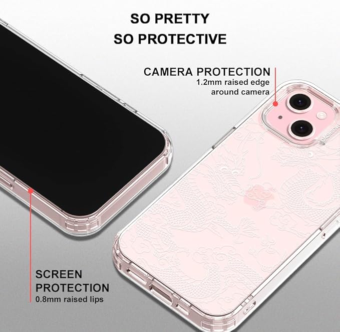 MOSNOVO Case for iPhone 15 Plus/iPhone 14 Plus, [Buffertech 6.6ft Military-Grade Drop Protection] [Anti Peel Off Tech] Clear TPU Bumper Phone Case Cover Design - White Dragon