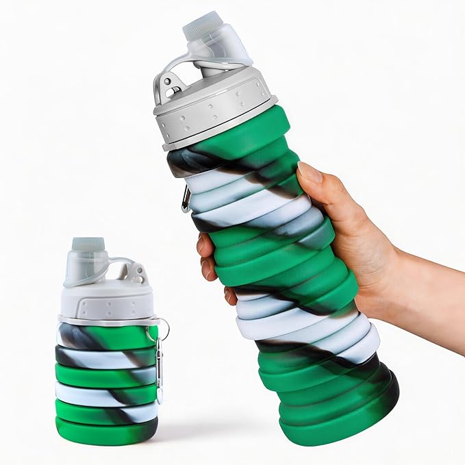 Reusable BPA Free Foldable Silicone Water Bottles for Kids, Students, Adults, Travel Camping Hiking (1pack, Green)