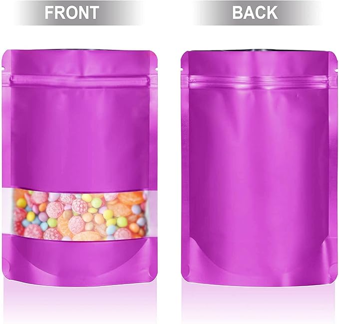 5.9"x8.6" 120pcs Mylar Bags for Food Storage,Smell Proof Bag with Matte Window Resealable Food Storage Bags for Small Business, Stand-up Foil Pouch Packaging Freeze Dried Candy Bag（Purple）