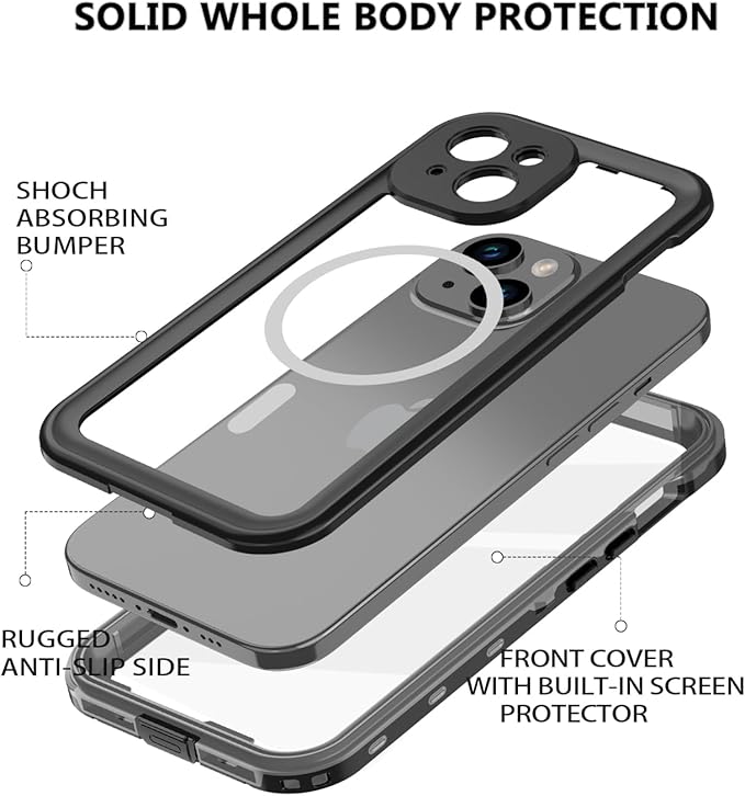 for iPhone 15 Case Waterproof,Shockproof Dustproof IP68 Waterproof iPhone 15 Case Built-in Screen Protector Charging Magnetic Ring for iPhone 15 Cover Black