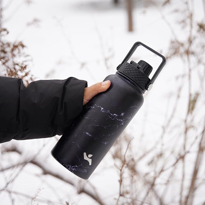 Konokyo 22oz Stainless Steel Bottles with 3 Lids Sport Insulated Water Bottle,Marble Midnight