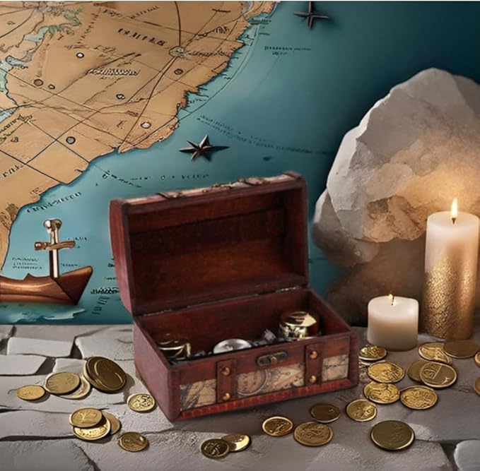 Hilitand Pirate Treasure Chest Vintage Handmade Decorative Wooden Box Trinket Jewelry Storage Case Home Decoration(Map)