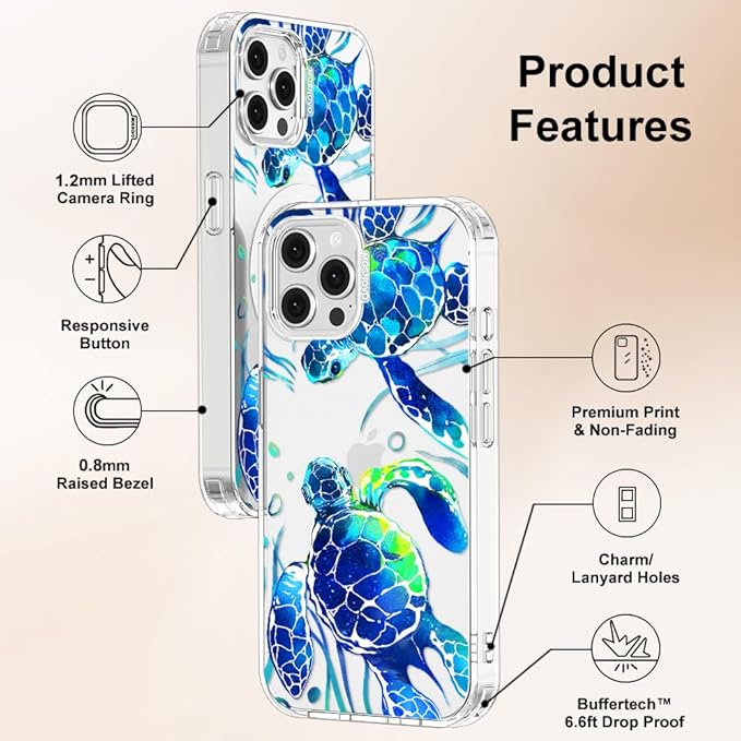 MOSNOVO Case for iPhone 12 & iPhone 12 Pro, [Buffertech 6.6ft Military-Grade Drop Protection] [Anti Peel Off Tech] Clear TPU Bumper Phone Case Cover Design - Sea Turtles