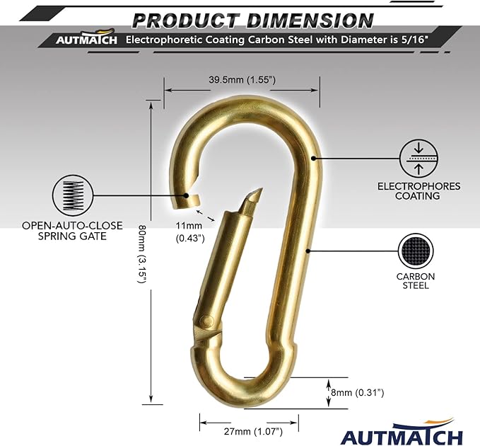 AUTMATCH Carabiner Clips, 3" Spring Snap Hook Caribeener Clips Buckle Heavy Duty Locking Carabiners Chain Quick Links, 4 Pack