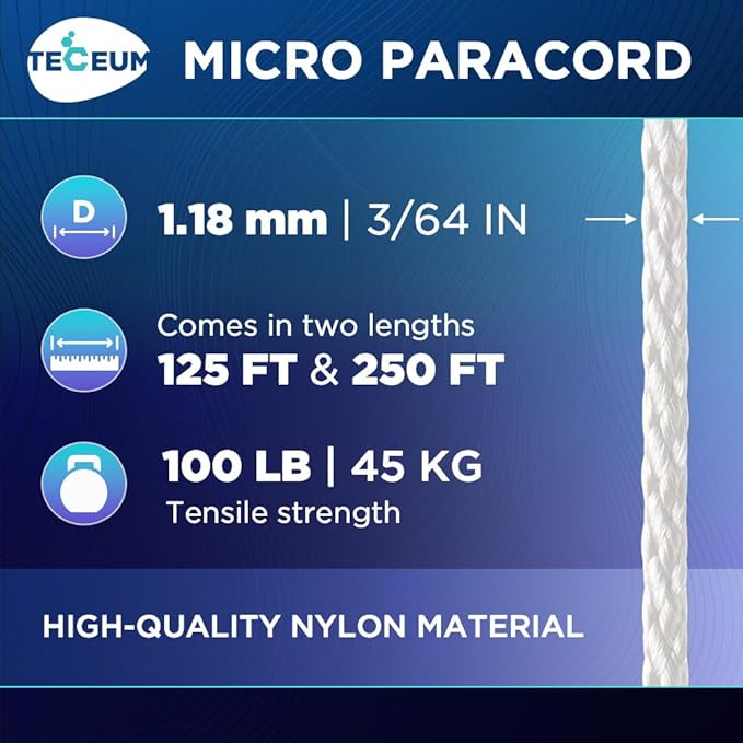 TECEUM Micro Paracord – 1.18 mm X 125 ft – Micro Utility Cord – Thin Braided Paracord Rope – Best for Crafting, DIY Projects, Fishing, Camping – Wind Chime Replacement – Survival Strong String