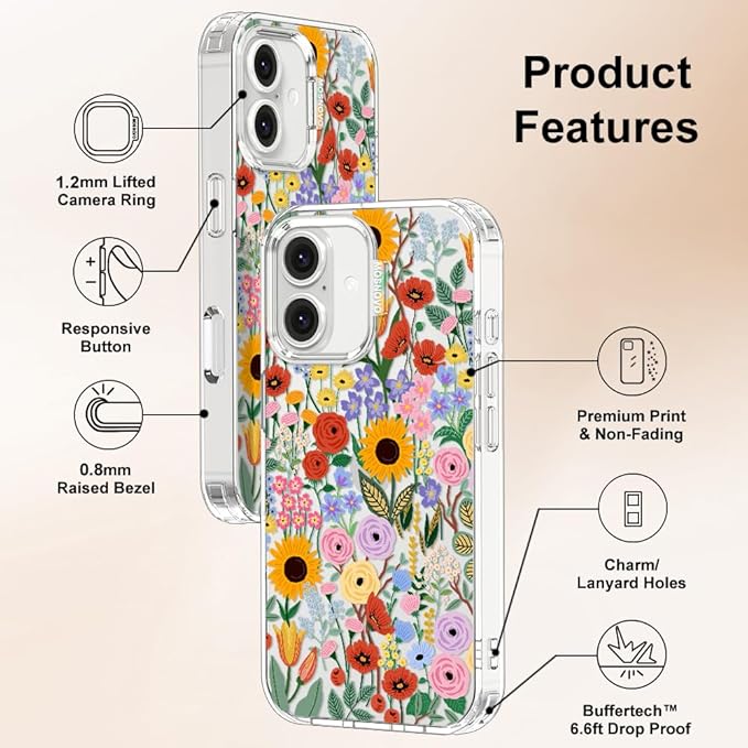 MOSNOVO Case for iPhone 16, [Buffertech 6.6ft Military-Grade Drop Protection] [Anti Peel Off Tech] Clear TPU Bumper Phone Case Cover Design - Blossom & Bloom