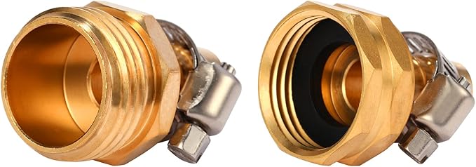 Brass Garden Hose Connector Repair Mender Kit with Stainless Clamp,Fits 1/2" Water Hose Fitting (1/2" Barb x 3/4" GHT)