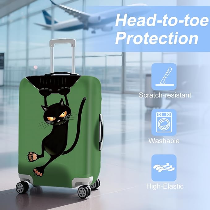 ANNA QUEEN Black Cat Hanging Cartoon Luggage Cover,Cute Stretchable Suitcase Protector Sleeve,Washable Fit for 32-34 Inch Checked Baggage,Water Resistant Durable Luggage Protector