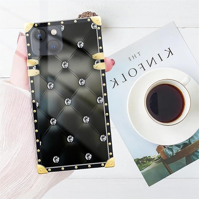 Compatible with iPhone 15 Case, Shiny Black Sofa Crystal Luxury Golden Decoration for Girl Women Soft TPU Shockproof Protective Hard PC Back for iPhone 15