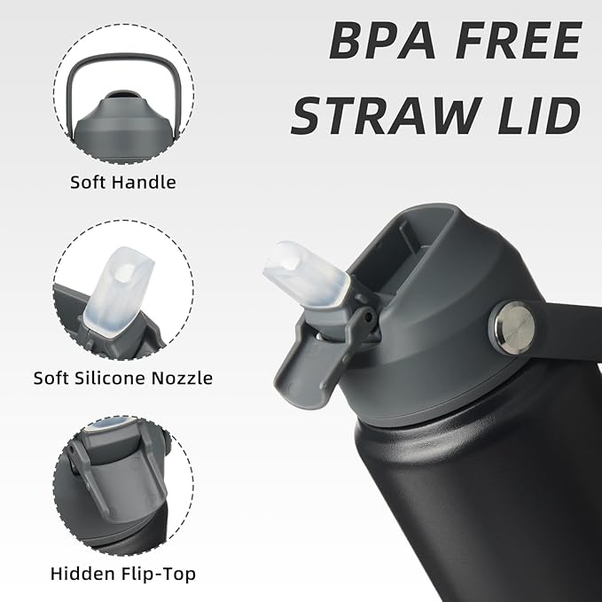 BJPKPK Water Bottle with Straw Lid, 24oz Vacuum Insulated Water Bottles, Metal Stainless Steel Thermo for Sports, Travel, BPA Free Leak Proof Thermo, Cups, Flasks, Tumblers,Black