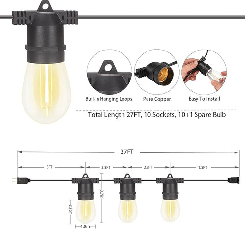 108FT (27FT*4) LED Outdoor String Light Waterproof Terrace Light, S14 Shatterproof Replaceable Bulb (4 Spare Bulbs), Connectable (Maximum 918FT) Edison Vintage Backyard, Porch, Deck Lights