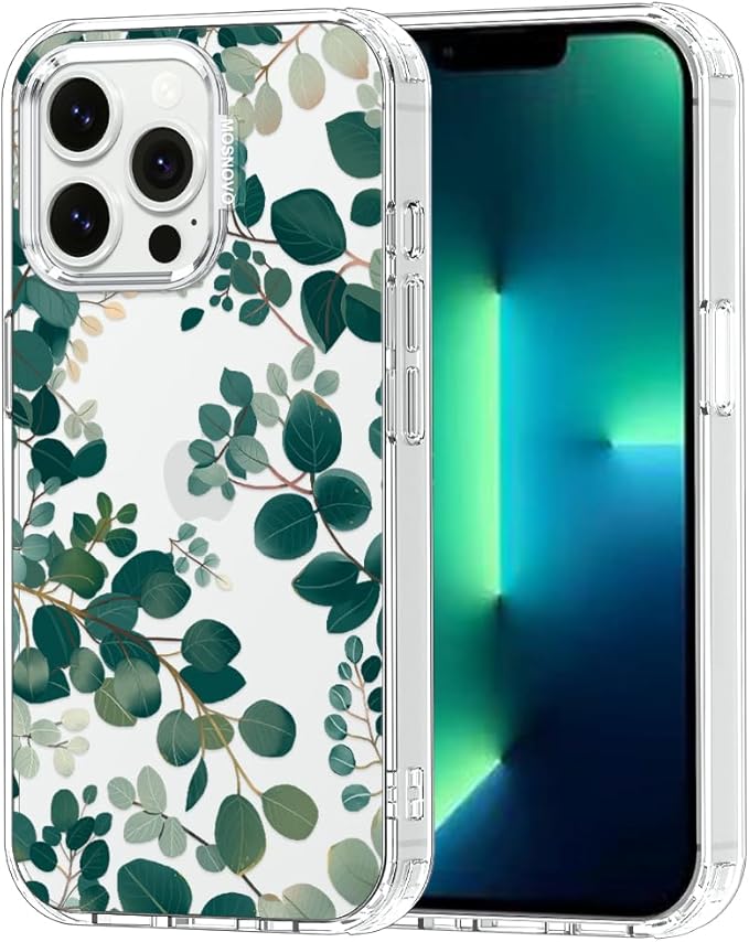 MOSNOVO Case for iPhone 13 Pro, [Buffertech 6.6ft Military-Grade Drop Protection] [Anti Peel Off Tech] Clear TPU Bumper Phone Case Cover Design - Eucalyptus