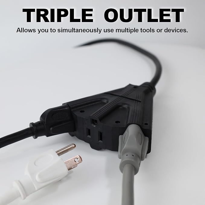 EP 50 Ft Outdoor Extension Cord with 3 Electrical Power Outlets - 16/3 SJTW Black Cable with 3 Prong Grounded Plug for Safety Great for Christmas Lights, Garden and Major Appliances