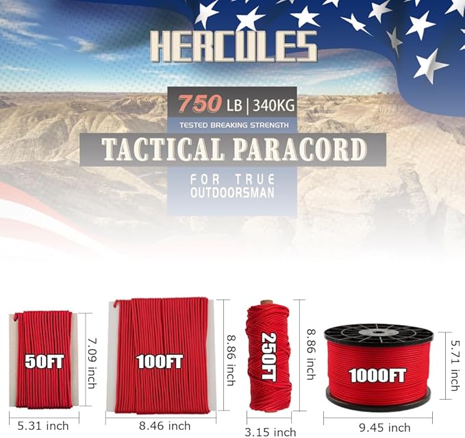 HERCULES 750lb Paracord 4mm 11 Strands Tactical Parachute Cord, 50' 100' 250' 1000' Utility Rope for Camping, Survival, Outdoor Gear (Imperial Red, 50FT)