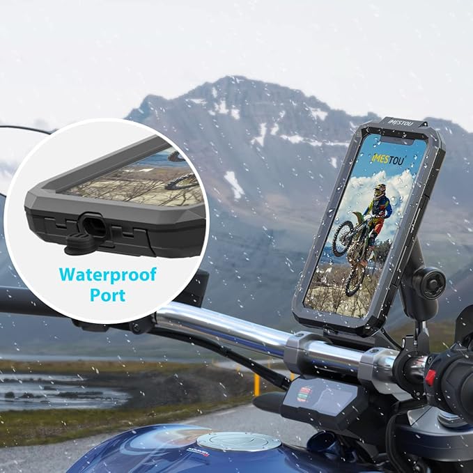 iMESTOU Anti-Theft Waterproof Motorcycle Phone Holder Bike Phone Mount 1" Ball Handlebar Stem Mobile Holder with Double Socket Arms 720° Rotation Aluminium Base for 5.5"-6.8" Cellphones (L)