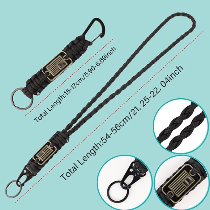 2pcs Heavy Duty Braided Paracord Lanyard Keychains with USA Flag, Parachute Rope Necklace for Outdoor Activities