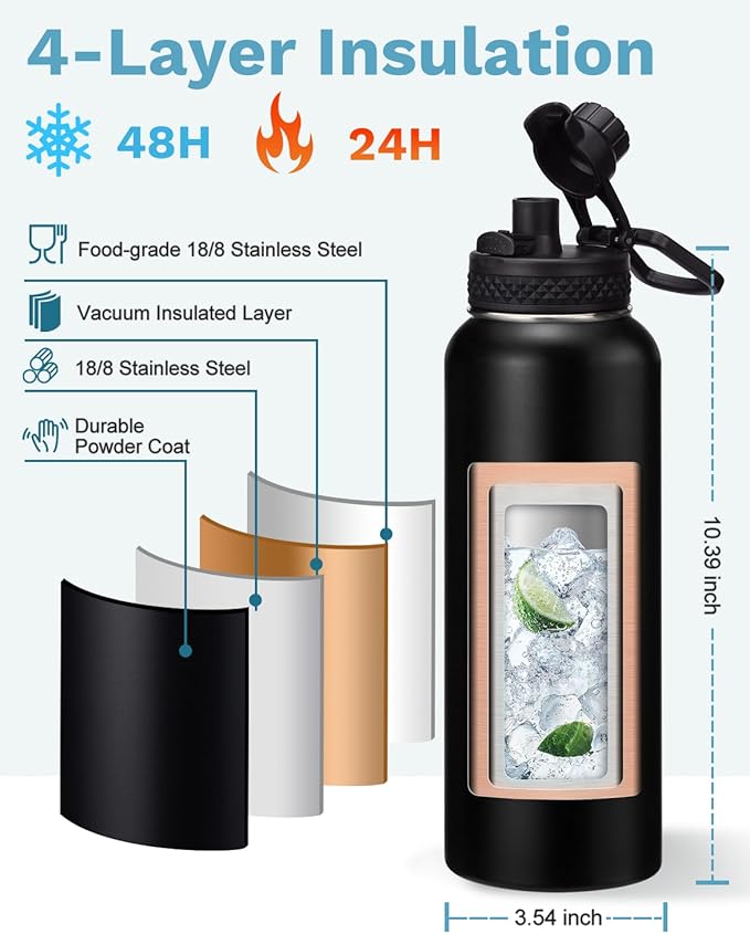 BENZZO 40 oz Water Bottle with Straw - Insulated Water Flask with Straw & Auto Spout Lid, Paracord Handle & Carrying Case, Keep Cold 48H Hot 24H Metal Water Hydro for Hiking Running