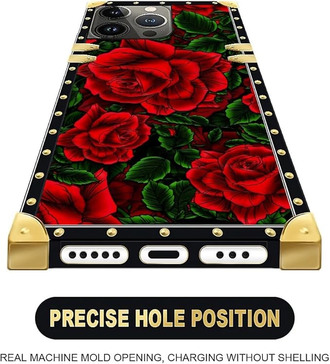 Compatible with iPhone 15 Pro Case, Vector Red Rose Green Leaf Luxury Golden Decoration for Girl Women Soft TPU Shockproof Protective Hard PC Back for iPhone 15 Pro