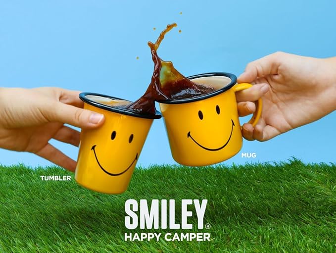 Suck UK Smiley Enamel Tumbler - Travel Tumbler - Camping Cup - Wine Cup - Camping Gifts - Outdoor Drinkware - Vintage Metal - Retro Coffee Enamelware - Stocking Stuffers - Happy Camper Gift - 10oz