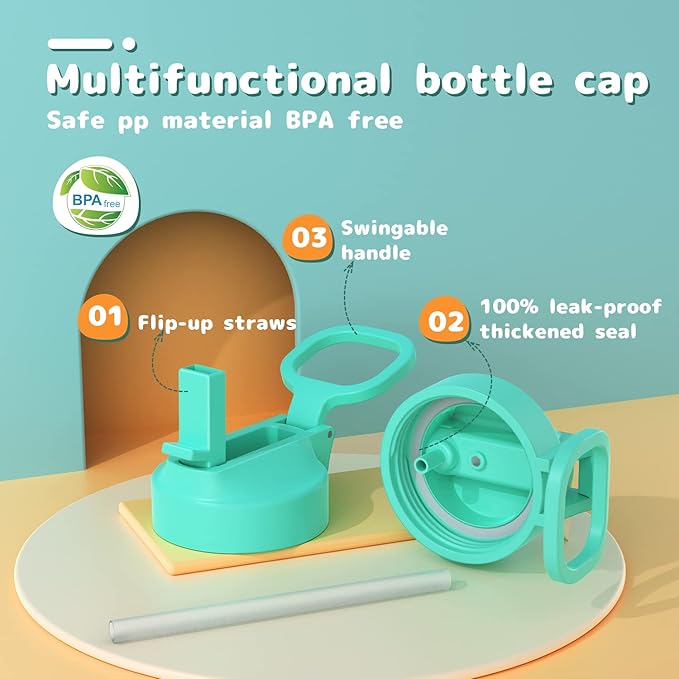 Kids Water Bottle, 16oz Water Bottles Kids with Straw and Stickers, Stainless Steel Vacuum Double Wall Insulated cup, Kids Water Bottle for School, Gifts for Girls(Green)