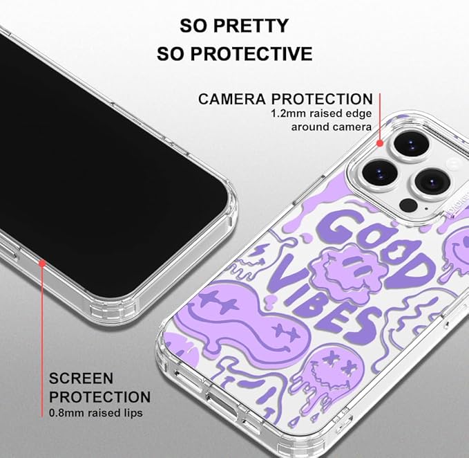 MOSNOVO Case for iPhone 14 Pro, [Buffertech 6.6ft Military-Grade Drop Protection] [Anti Peel Off Tech] Clear TPU Bumper Phone Case Cover Design - Good Vibes