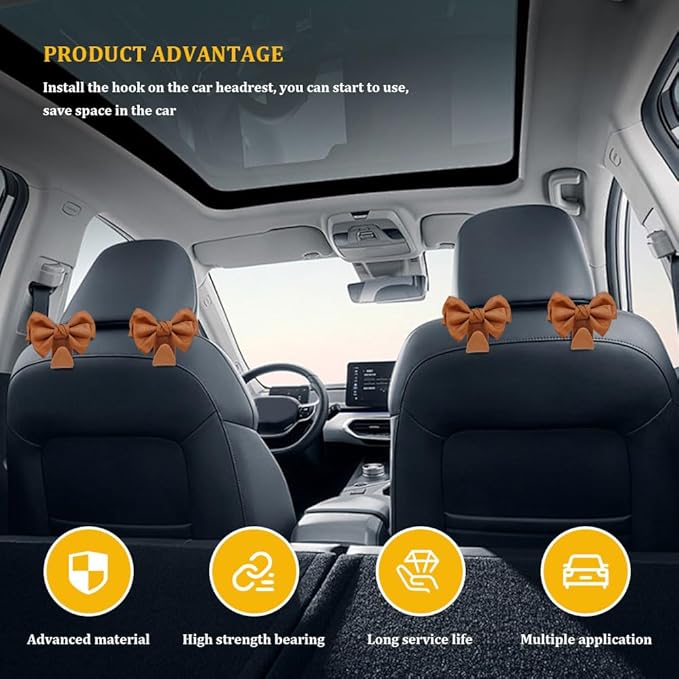 2PCS Car Hooks for Purses and Bags, Cute Bow Car Seat Headrest Hook, Car Accessories Multipurpose Back Seat Hanger Storage Organize Universal for Vehicles (2PCS-Brown Bowknot)