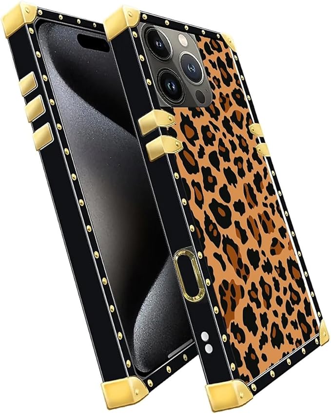 Compatible with iPhone 16 Pro Max Case, Brown Leopard Texture Luxury Golden Decoration for Girl Women Soft TPU Shockproof Protective Hard PC Back