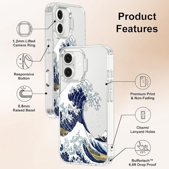 MOSNOVO Case for iPhone 16 Plus, [Buffertech 6.6ft Military-Grade Drop Protection] [Anti Peel Off Tech] Clear TPU Bumper Phone Case Cover Design - Great Wave