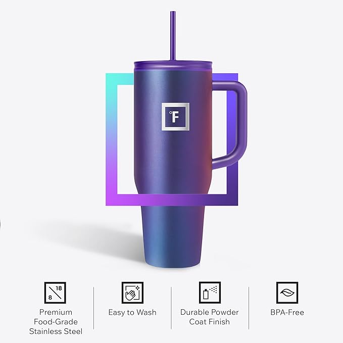 IRON °FLASK Co-Pilot Insulated Mug w/Straw & Flip Cap Lids - Cup Holder Bottle for Hot, Cold Drink - Leak-Proof- Water, Coffee Portable Travel Tumbler - Cobalt Blue Speckle, 40 Oz