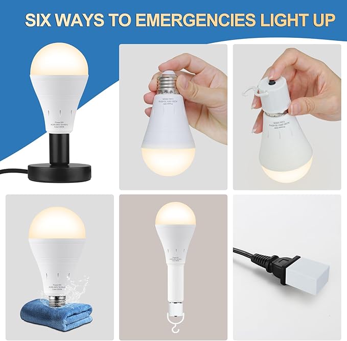 3Pack Rechargeable Emergency Light Bulb, A19 9W Warm White 3000K Self-Charging LED Light Bulb,1200mAh Battery Backup Light Bulbs for Daily,Home Emergency,Outdoor Portable Use
