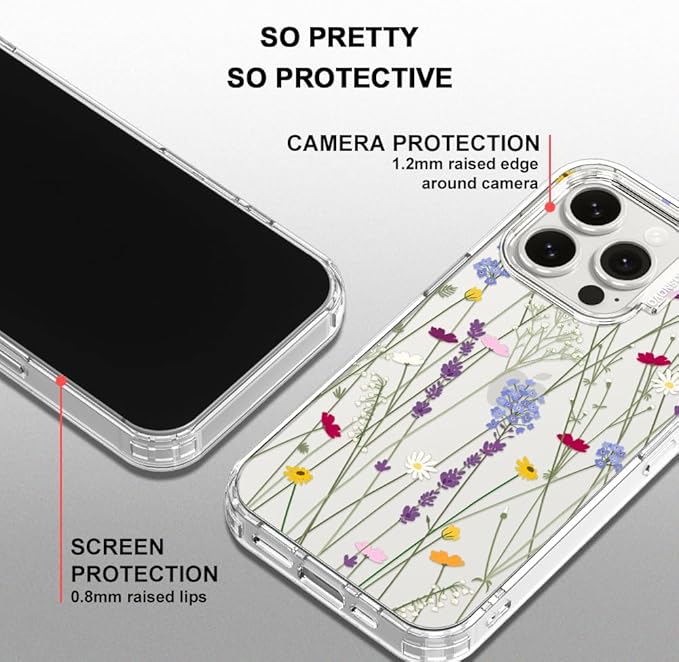 MOSNOVO Case for iPhone 15 Pro, [Buffertech 6.6ft Military-Grade Drop Protection] [Anti Peel Off Tech] Clear TPU Bumper Phone Case Cover Design - Floral Garden