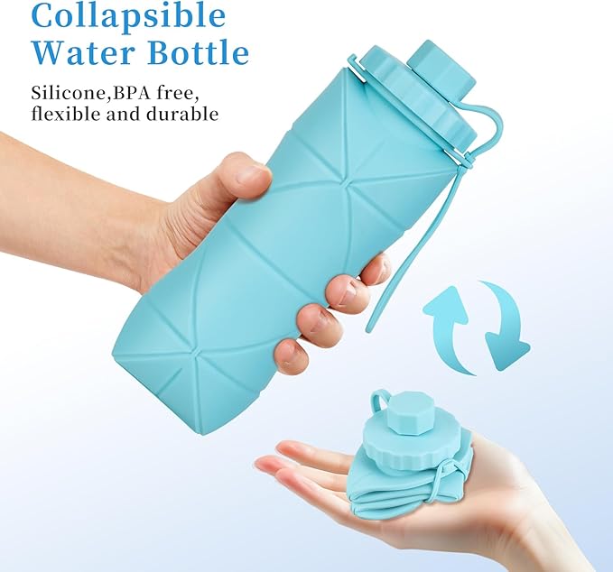 YCT Collapsible Silicone Travel Water Bottle 20oz (600ml), Reuseable Leakproof BPA Free Foldable Sports Bottle, with Carrying Strap, Pink + Green