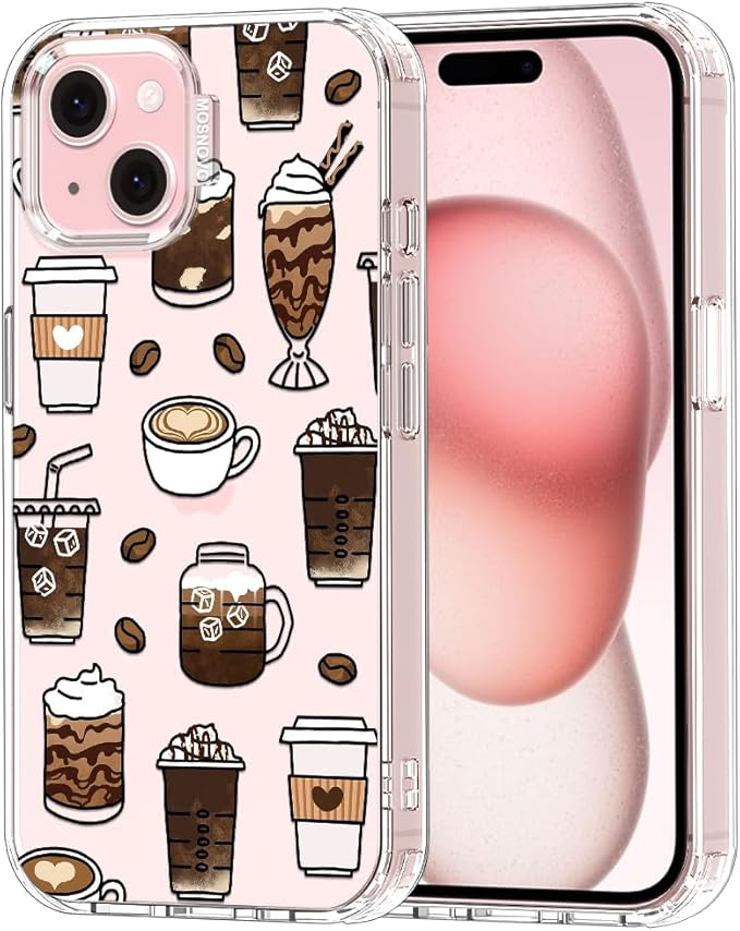 MOSNOVO Case for iPhone 15, [Buffertech 6.6ft Military-Grade Drop Protection] [Anti Peel Off Tech] Clear TPU Bumper Phone Case Cover Design - Coffee
