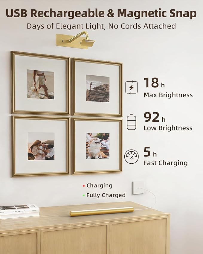 EZVALO 16" Picture Lights for Wall, Rechargeable 6000mAh Painting Lights with Remote, Wireless Dimmable 3 Color Temperatures Art Lights for Gallery, Living Room, Hallway (Gold, 3 Pack)