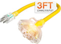 3 ft 12 Gauge Heavy Duty 3 Outlet Extension Cord Splitter with Indicator, Waterproof Outdoor Extension Cord with Multiple Outlets, 15A 1875W for Workshop, ETL Listed, Flexible Yellow SJTW