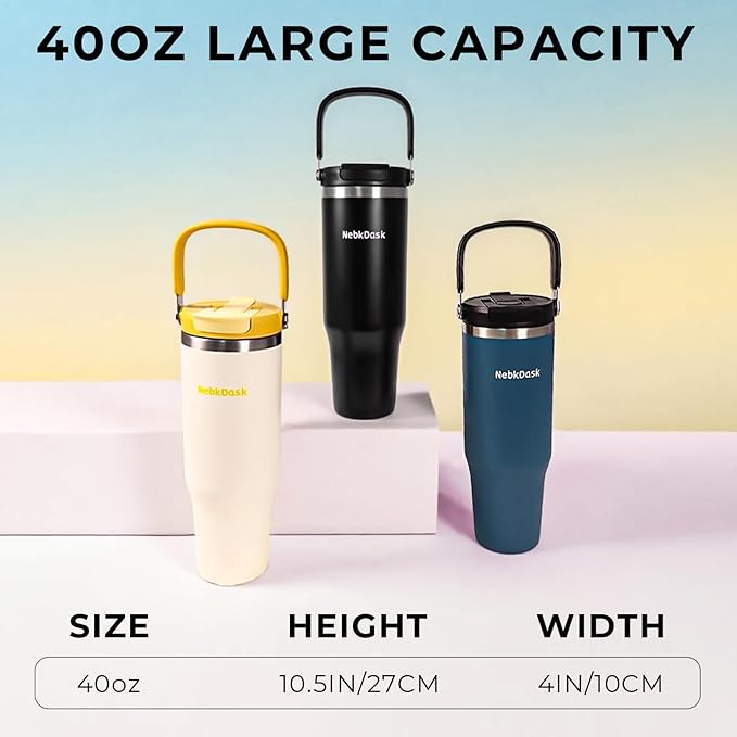 40 oz Insulated Stainless Steel Bottle with 2-in-1 Straw and Spout Lid, Water Bottle with Carry Handle Keep Cold 24H, Leak-Proof, Fits in Car Cup Holder, Travel, and School（Blue）