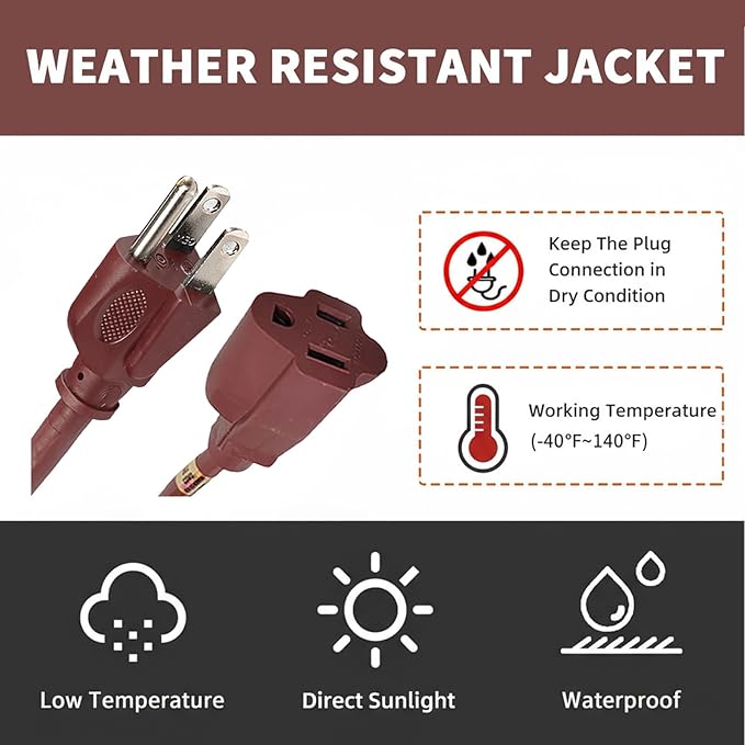 3FT Brown Extension Cord-16/3 SJTW Durable Extension Cord for Christmas Lights with 3 Prong Grounded Plug, Great for Christmas Decorations