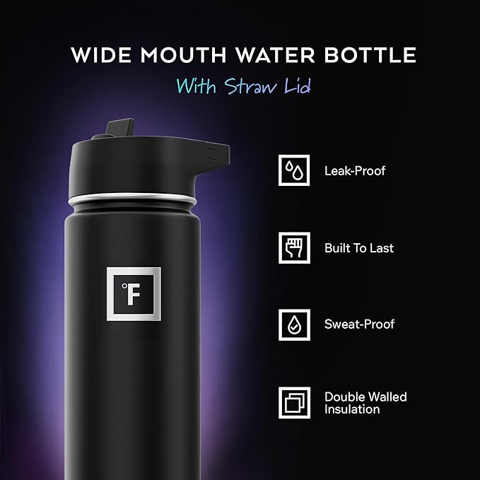 IRON °FLASK Camping & Hiking Hydration Flask with Straw, Wide Mouth Insulated Stainless Steel Sports Water Bottle - Dark Pine 24 oz - Straw (1 Lid)