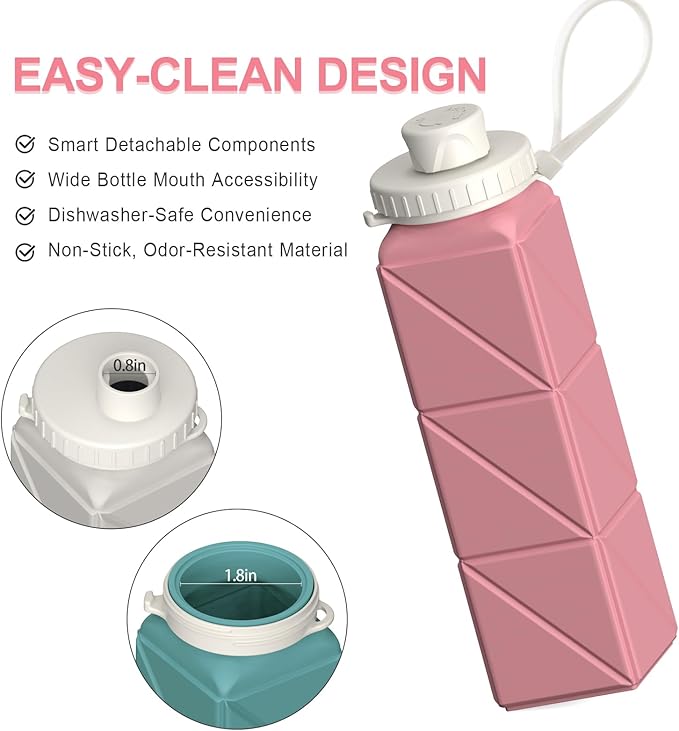 BEAUTAIL Collapsible Water Bottles 20.6oz, Silicone Foldable Portable Travel Water Bottle, BPA-Free, Leakproof Reusable for Traveling Camping Hiking Cycling Yoga Sports Outdoor, 1 Pack (Pink)
