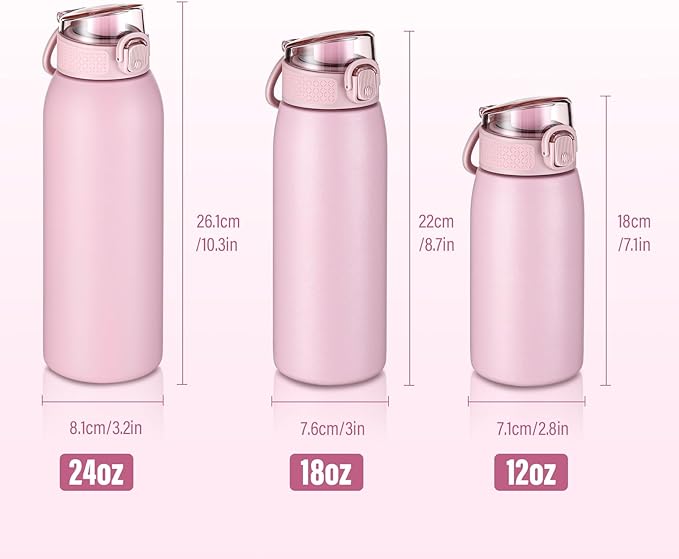 Insulated Water Bottle 24 oz with Dustproof Lid, Carry Handle & Tea Infuser, BPA-Free & Leakproof, Stainless Steel Water Bottles Ideal for Fitness, Hiking, Office & Outdoor Use （ Water Pink）