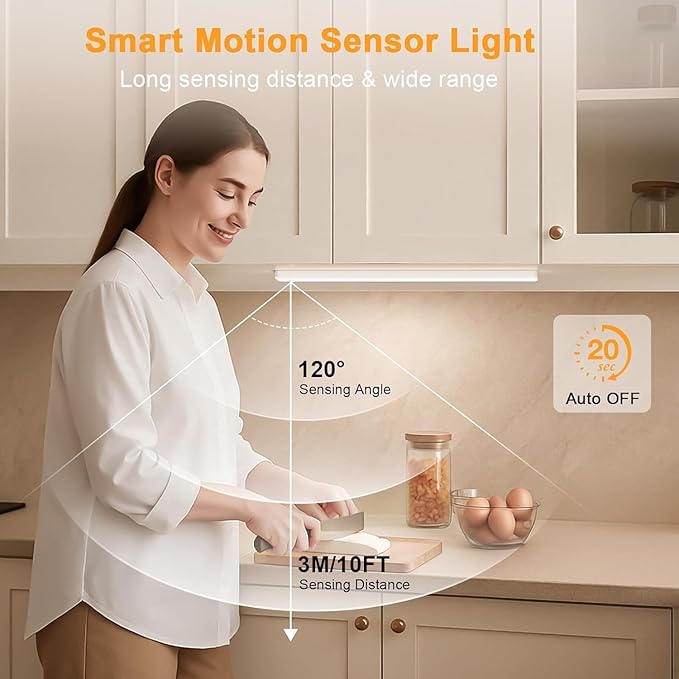13inch Under Cabinet Lighting, 2500mAh Motion Sensor Light Indoor, USB Rechargeable Battery Operated Closet Light, Dimmable LED Cabinet Lights, Under Counter Light for Kitchen-2 Pack