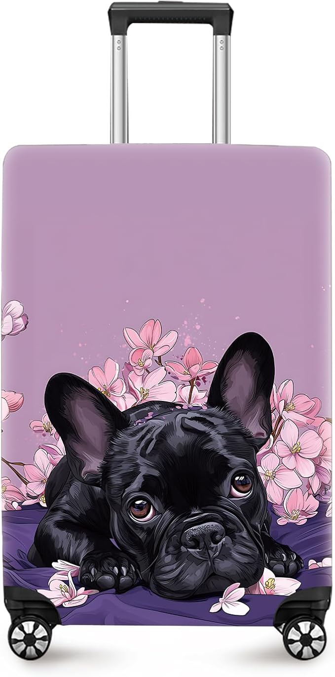 ANNA QUEEN French Bulldog Luggage Cover, Cute Black Dog with Pink Flowers Suitcase Protector, Stretchable Washable Travel Sleeve for 32-34 Inch Luggage