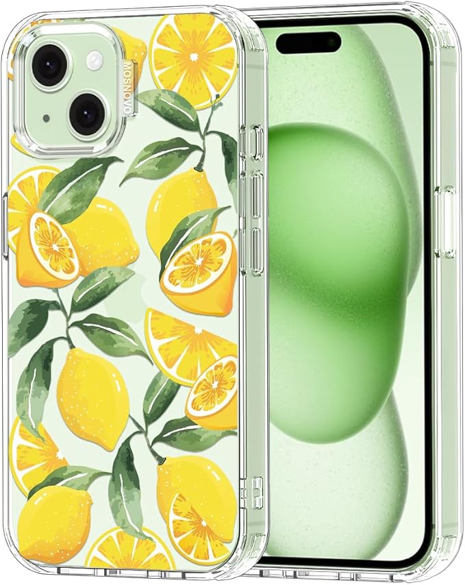 MOSNOVO Case for iPhone 15, [Buffertech 6.6ft Military-Grade Drop Protection] [Anti Peel Off Tech] Clear TPU Bumper Phone Case Cover Design - Lemon