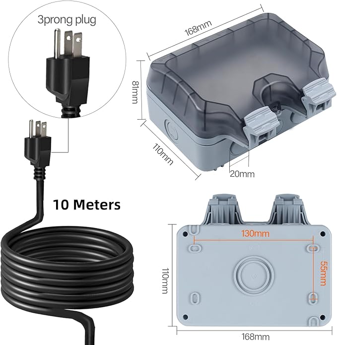 Outdoor Power Outlet Box with 32.8Ft Extension Cord, NEMA 5-15R, STW 14 AWG, Weatherproof Waterproof IP66 Electrical Outlet Extender, Exterior Wall Power Socket w/Cover for Garden