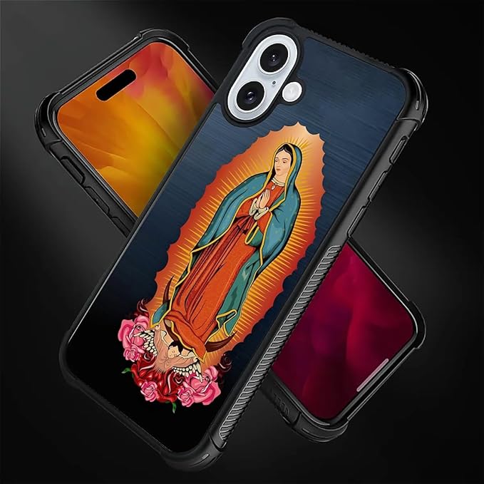 for iPhone 16 Case, Red Virgen Guadalupe Pattern Graphic Design Girl Boy Soft Silicone Hard Acrylic Shock Protection for iPhone 16