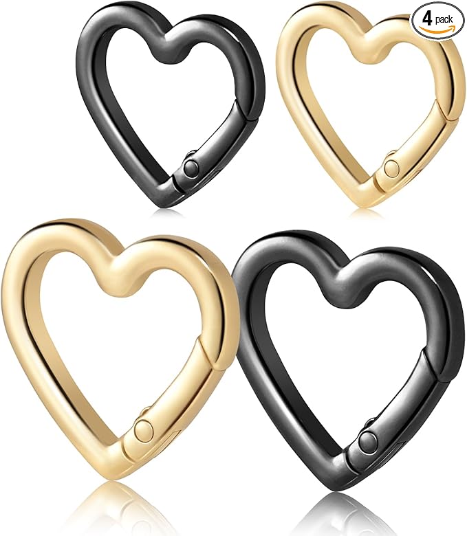 4pcs Heart Carabiner Keychain Clip, Metal Spring Heart Rings Hook Key Ring Carabiner Clips for Purse Bag Charms Backpack Strap Dog Tags Hang Water Bottle Paracord Keychain Lanyard(Gold Black)